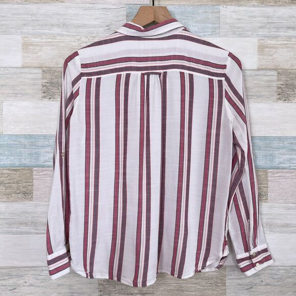 LOFT Striped Button Down Tunic Shirt White Red Casual Womens Small Petite SP - Picture 3 of 7